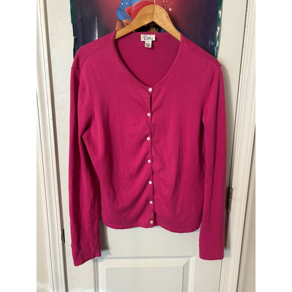 Lilly Pulitzer Womens Pink Cotton Blend V-Neck Button Front Cardigan Sweater M